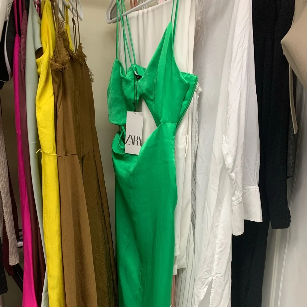 Worn once  Zara Satin Asymmetric Midi Dress - Green - Picture 5 of 5